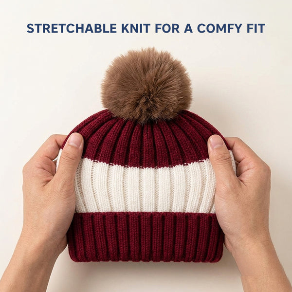 Baby Woolen Cap with Fur Lining, Colour Block Design Warm Ribbed Knit Faux Fur Pom Pom Winter Beanie for Boys & Girls (3-6 Years)