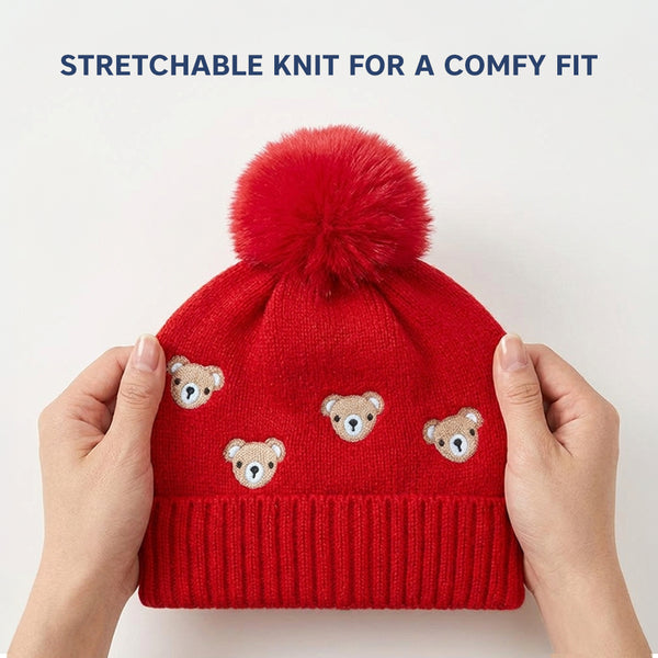 Kids Woolen Cap with Cute Teddy Bear Embroidery and Fluffy Pom Pom Warm, Cozy, Soft Knit Winter Hat for Babies and Toddlers (3-6 Years)