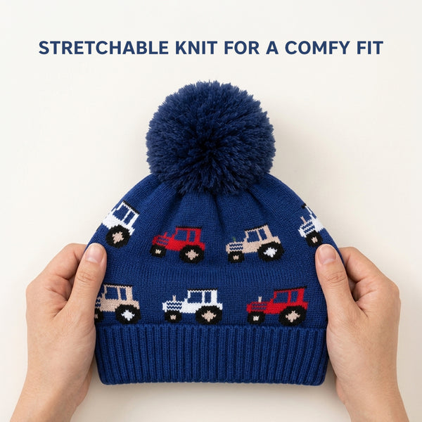 Baby Woolen Cap with Fur Lining, Tractor Design Warm Knitted Faux Fur Pom Pom Winter Beanie for Boys & Girls (3-6 Years)