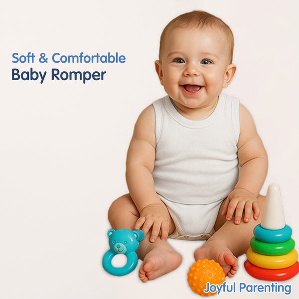 "Pack of 3 baby sleeveless rompers – round neck cotton design for comfort"