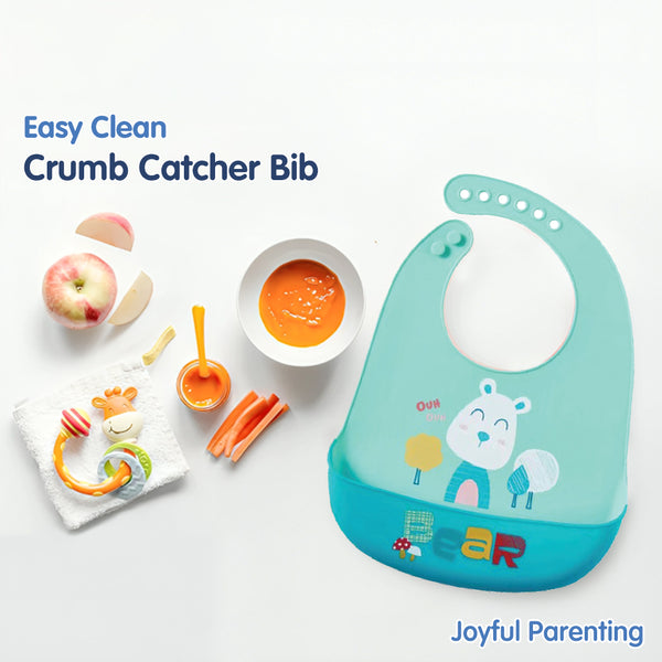 Easy clean silicone baby bib with crumb catcher