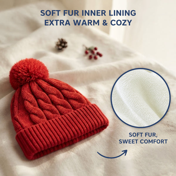 Baby Woolen Cap with Fur Lining, Cable Knit Design Warm Knitted Pom Pom Winter Beanie for Boys & Girls (1-3 Years)