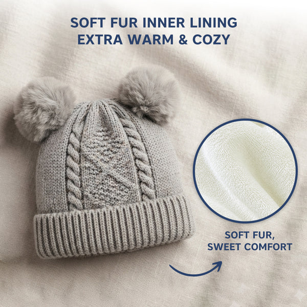 Kids Woolen Cap with Double Pom Poms, Warm Winter Beanie with Cable Knit Pattern and Ribbed Folded Cuff for Boys & Girls (3-6 Years)