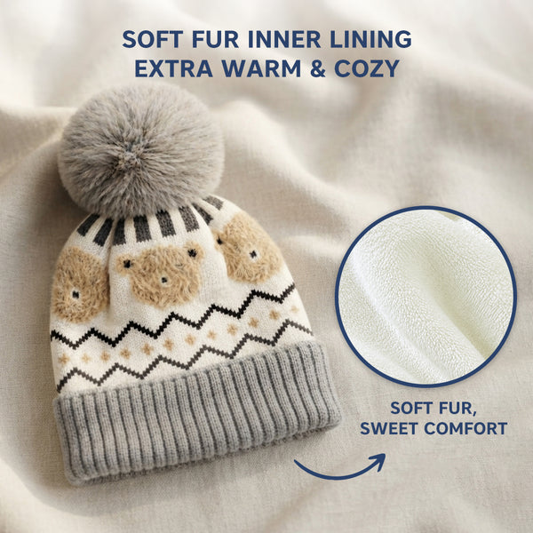 Kids Woolen Cap with Fur Lining, Fluffy Teddy Bear Design Warm Knitted Faux Fur Pom Pom Winter Beanie for Boys & Girls (3-6 Years)