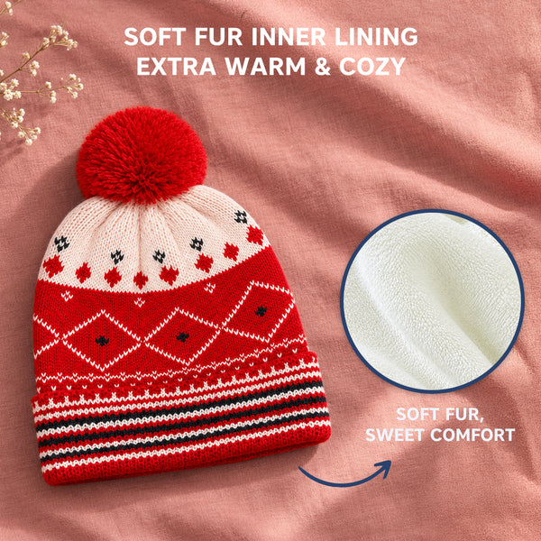 Baby Woolen Cap with Fur Lining, Diamond Design Warm Knitted Pom Pom Winter Beanie for Boys & Girls(2-4 Years)