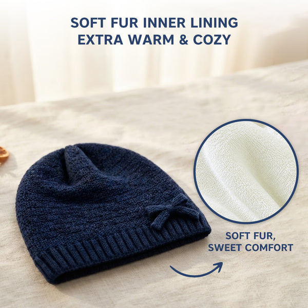 Baby Woolen Cap with Fur Lining, Bow Design Warm Knitted Winter Beanie for Boys & Girls (3-6 Years)