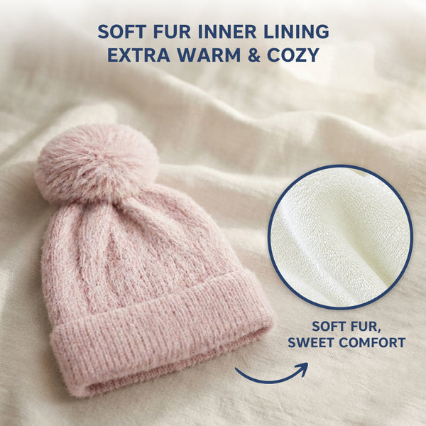 Kids Woolen Cap with Soft Pom Pom, Warm Winter Beanie with Ribbed Folded Cuff and Cozy Textured Design for Boys & Girls (3-6 Years)
