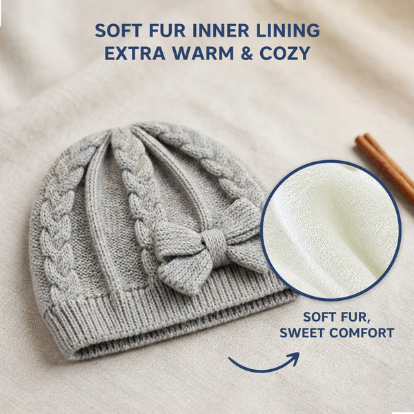 Baby Woolen Cap with Fur Lining, Cable Knit Bow Design Warm Knitted Winter Beanie for Girls & Boys (1-3 Years)