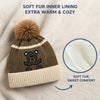 Baby Woolen Cap with Fur Lining, Black Teddy Bear Design Warm Ribbed Knit Faux Fur Pom Pom Winter Beanie for Boys & Girls (3-6 Years)