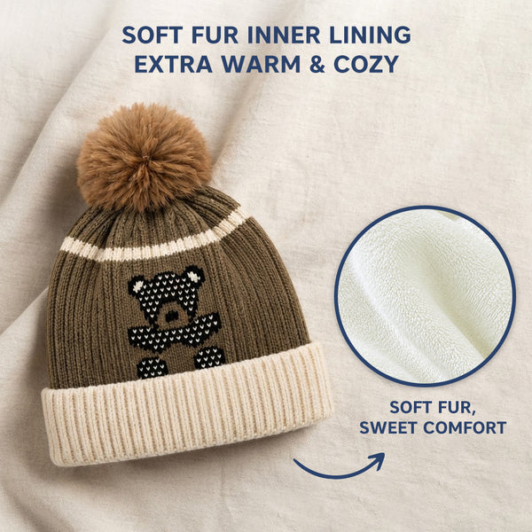 Baby Woolen Cap with Fur Lining, Black Teddy Bear Design Warm Ribbed Knit Faux Fur Pom Pom Winter Beanie for Boys & Girls (3-6 Years)