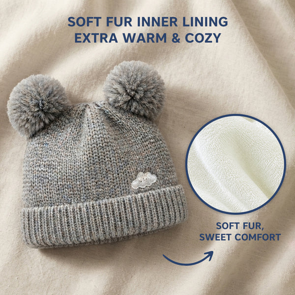 Baby Woolen Cap with Fur Lining, Zigzag Design Warm Knitted Faux Fur Pom Pom Winter Beanie for Boys & Girls (1-3 Years)