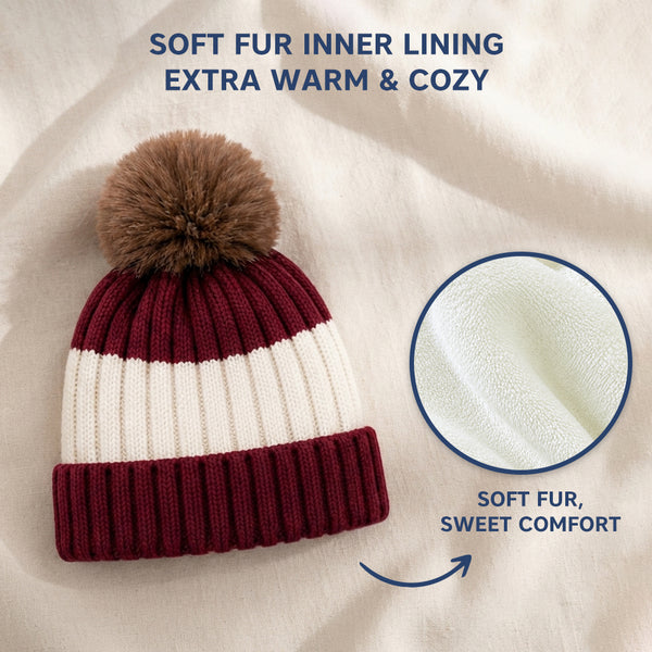 Baby Woolen Cap with Fur Lining, Colour Block Design Warm Ribbed Knit Faux Fur Pom Pom Winter Beanie for Boys & Girls (3-6 Years)