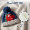 Baby Woolen Cap with Fur Lining, Cute Dinosaur Face Design Warm Knitted Pom Pom Winter Beanie for Boys & Girls (2-4 Years)