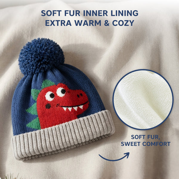 Baby Woolen Cap with Fur Lining, Cute Dinosaur Face Design Warm Knitted Pom Pom Winter Beanie for Boys & Girls (2-4 Years)
