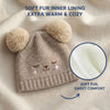 Kids Woolen Cap with Cute Bear Face, Warm Winter Beanie with Double Pom Poms and Ribbed Folded Cuff for Girls (2–4 Years)