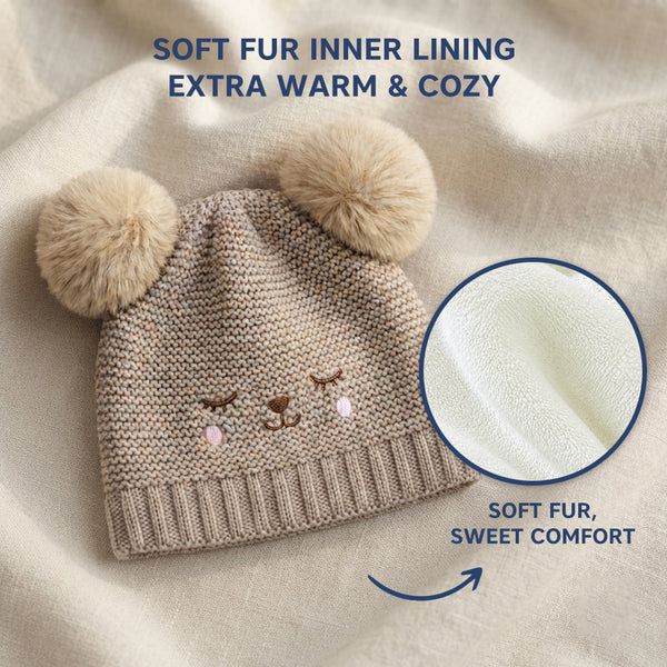 Kids Woolen Cap with Cute Bear Face, Warm Winter Beanie with Double Pom Poms and Ribbed Folded Cuff for Girls (2–4 Years)