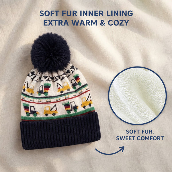 Baby Woolen Cap with Fur Lining, Truck Design Warm Knitted Faux Fur Pom Pom Winter Beanie for Boys & Girls (3-6 Years)