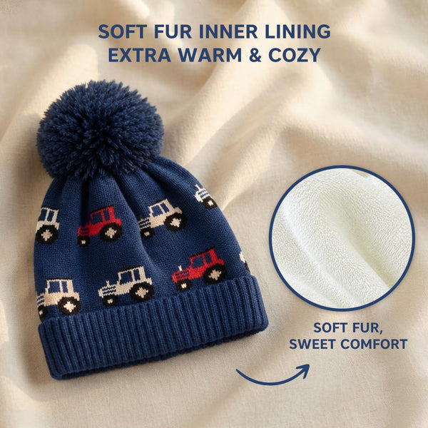 Baby Woolen Cap with Fur Lining, Tractor Design Warm Knitted Faux Fur Pom Pom Winter Beanie for Boys & Girls (3-6 Years)