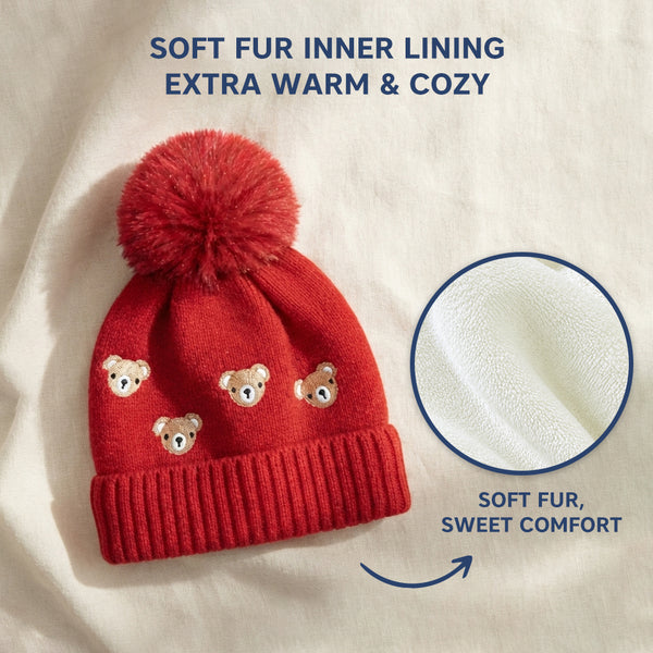 Kids Woolen Cap with Cute Teddy Bear Embroidery and Fluffy Pom Pom Warm, Cozy, Soft Knit Winter Hat for Babies and Toddlers (3-6 Years)