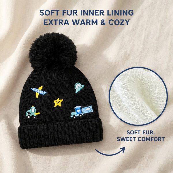 Kids Woolen Cap with Cute Vehicle Embroidery, Warm Winter Beanie with Soft Pom Pom and Ribbed Folded Cuff for Boys & Girls (3-6 Years)