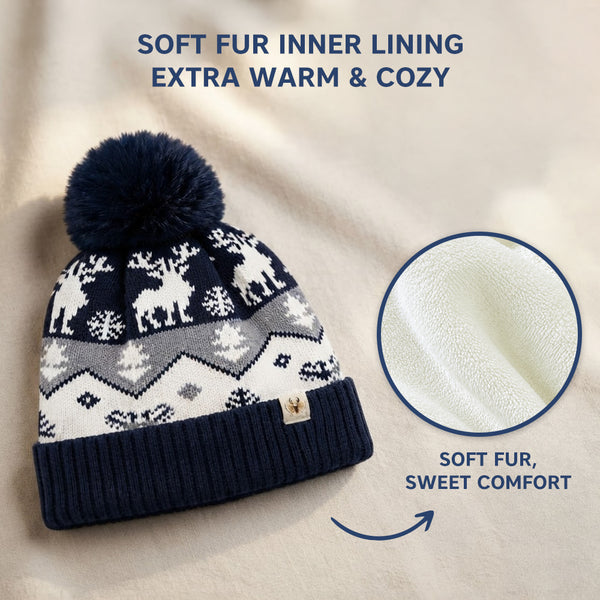 Baby Woolen Cap with Fur Lining, Reindeer Design Warm Knitted Pom Pom Winter Beanie for Boys & Girls (2-4 Years)