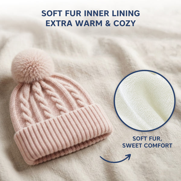 Baby Woolen Cap with Fur Lining, Cable Knit Design Warm Knitted Faux Fur Pom Pom Winter Beanie for Boys & Girls (1-3 Years)