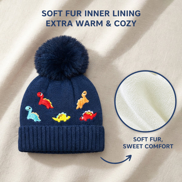 Kids Woolen Cap with Cute Dinosaur Embroidery and Fluffy Pom Pom Warm, Cozy Knitted Winter Hat with Soft Fur Lining for Boys and Girls (2-4 Year)