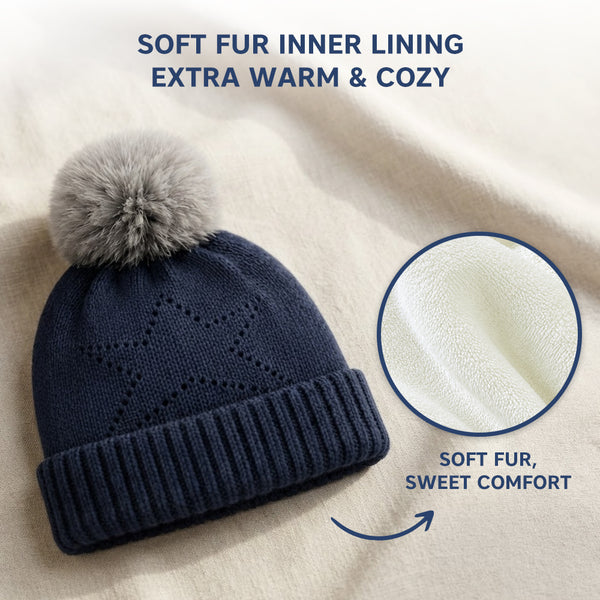 Baby Woolen Cap with Fur Lining, Star Design Warm Knitted Pom Pom Winter Beanie for Boys & Girls (1-3 Years)