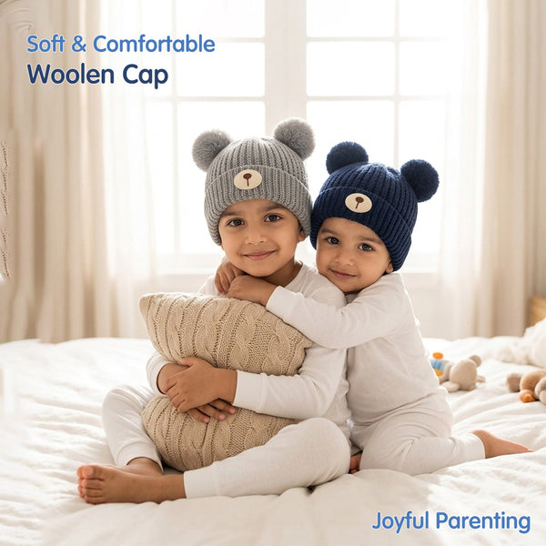 Kids Woolen Cap with Fur Lining, Bear Ears Design Warm Chunky Knit Double Pom Pom Winter Beanie for Boys & Girls (3-6 Years)