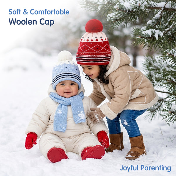 Baby Woolen Cap with Fur Lining, Diamond Design Warm Knitted Pom Pom Winter Beanie for Boys & Girls(2-4 Years)