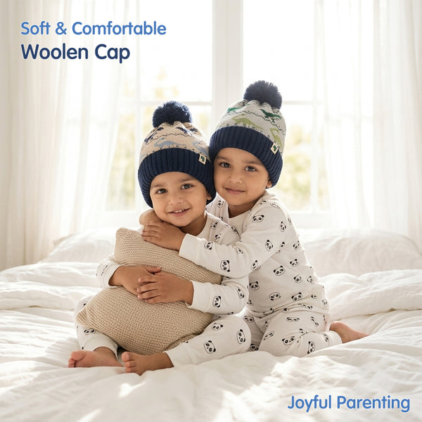 Kids Woolen Cap with Dinosaur Pattern and Soft Pom Pom, Warm Winter Beanie with Folded Cuff for Boys & Girls (3-6 Years)