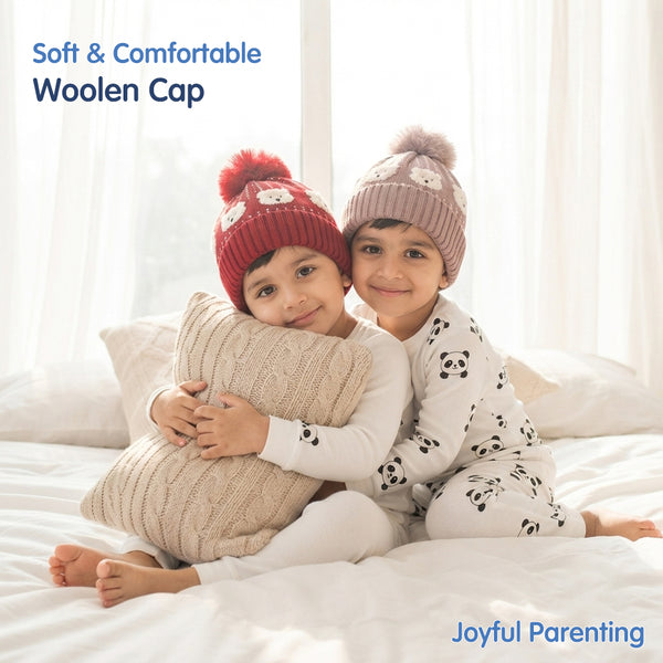 Kids Woolen Cap with Cute Bear Pattern, Warm Winter Beanie with Earflap Design, Soft Pom Pom and Ribbed Cuff for Boys & Girls (3-6 Years)