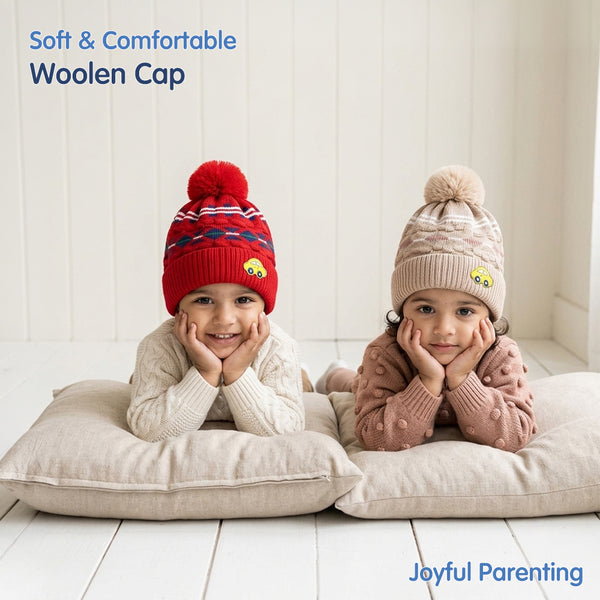 Baby Woolen Cap with Fur Lining, Car Patch Design Warm Knitted Pom Pom Winter Beanie for Boys & Girls (1-3 Years)