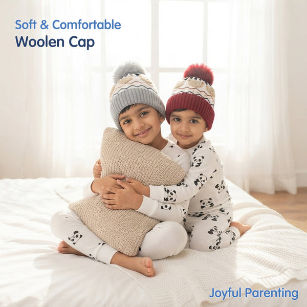 Kids Woolen Cap with Fur Lining, Fluffy Teddy Bear Design Warm Knitted Faux Fur Pom Pom Winter Beanie for Boys & Girls (3-6 Years)