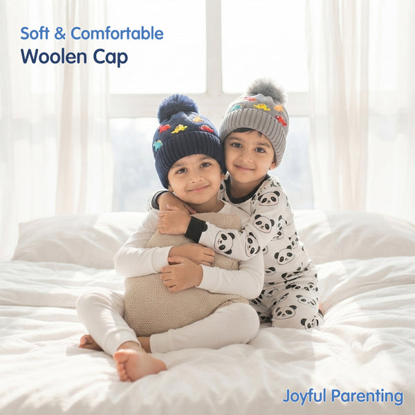 Kids Woolen Cap with Cute Dinosaur Embroidery and Fluffy Pom Pom Warm, Cozy Knitted Winter Hat with Soft Fur Lining for Boys and Girls (2-4 Year)