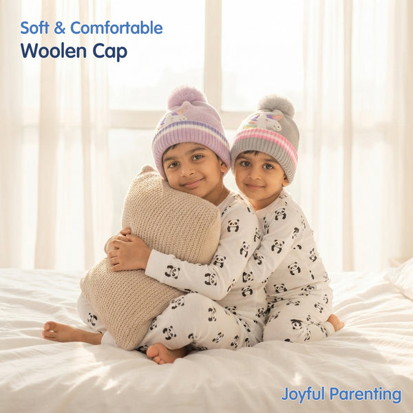 Kids Woolen Cap with Cute Unicorn Embroidery, Warm Winter Beanie with Soft Pom Pom and Folded Cuff for Boys & Girls (2-4 Years)