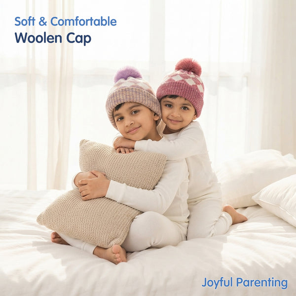 Kids Woolen Cap with Geometric Pattern and Soft Pom Pom, Warm Winter Beanie with Ribbed Folded Cuff for Boys & Girls (3-6 Years)