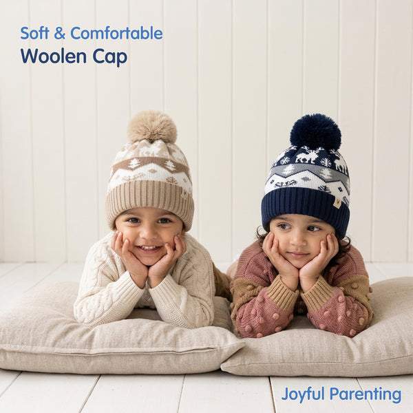 Baby Woolen Cap with Fur Lining, Reindeer Design Warm Knitted Pom Pom Winter Beanie for Boys & Girls (2-4 Years)
