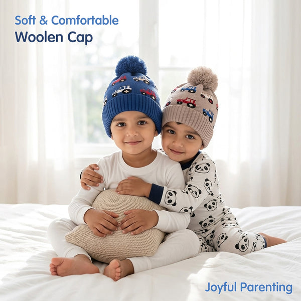 Baby Woolen Cap with Fur Lining, Tractor Design Warm Knitted Faux Fur Pom Pom Winter Beanie for Boys & Girls (3-6 Years)