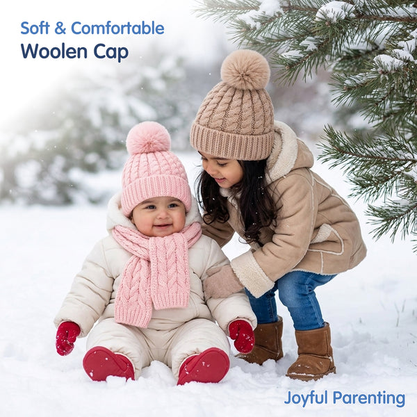 Baby Woolen Cap with Fur Lining, Cable Knit Design Warm Knitted Pom Pom Winter Beanie for Boys & Girls (0-1 Years)