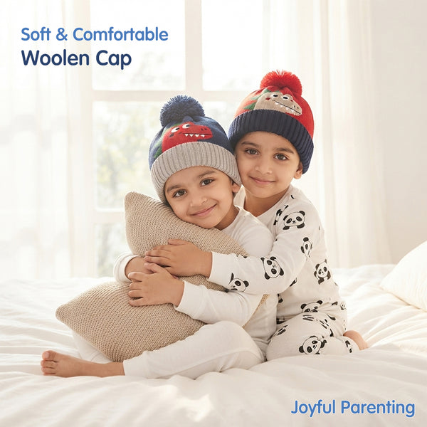 Baby Woolen Cap with Fur Lining, Cute Dinosaur Face Design Warm Knitted Pom Pom Winter Beanie for Boys & Girls (2-4 Years)