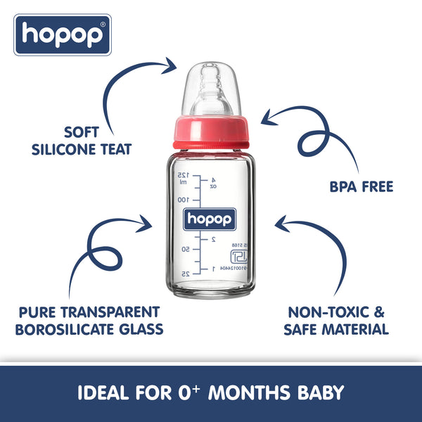 Premium Slim Neck Glass Feeding Bottle, 125ml - hopop.in