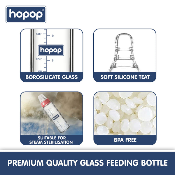 Premium Slim Neck Glass Feeding Bottle, 250ml - hopop.in