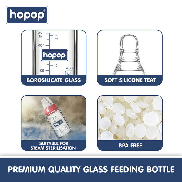 Premium Slim Neck Glass Feeding Bottle, 125ml - hopop.in