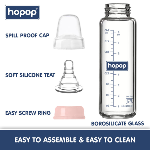 Premium Slim Neck Glass Feeding Bottle, 250ml - hopop.in